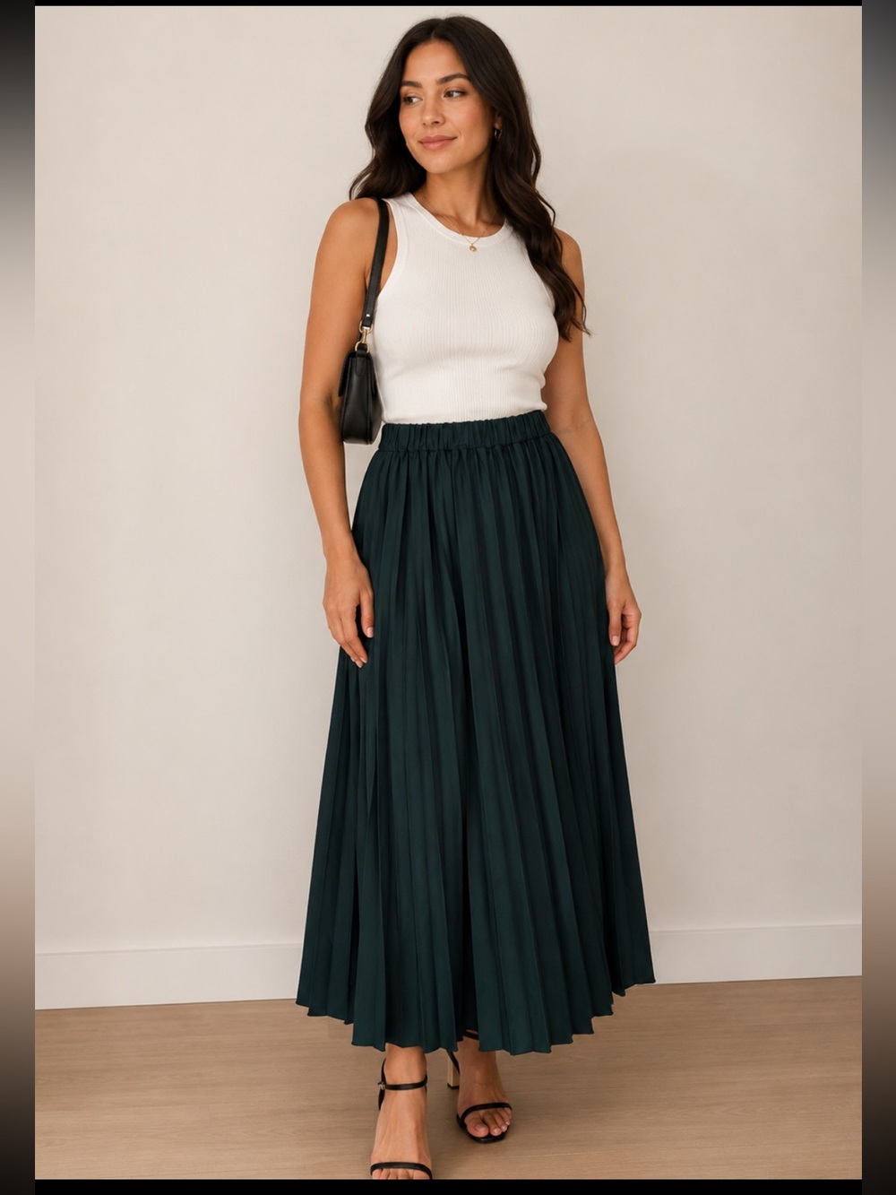 SHEIN Dark Green Pleated Maxi Skirt Size L Elastic Waist